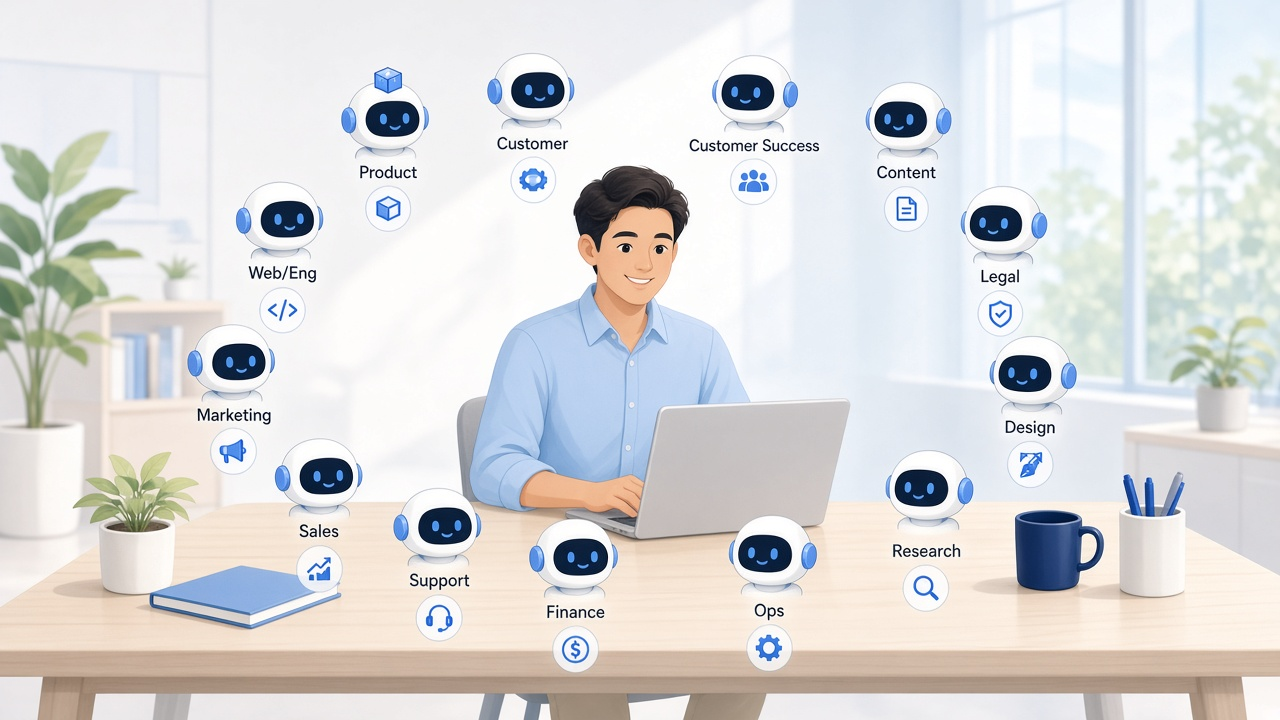 A person working at a laptop, surrounded by AI agents for product, marketing, sales, support, finance, and operations.